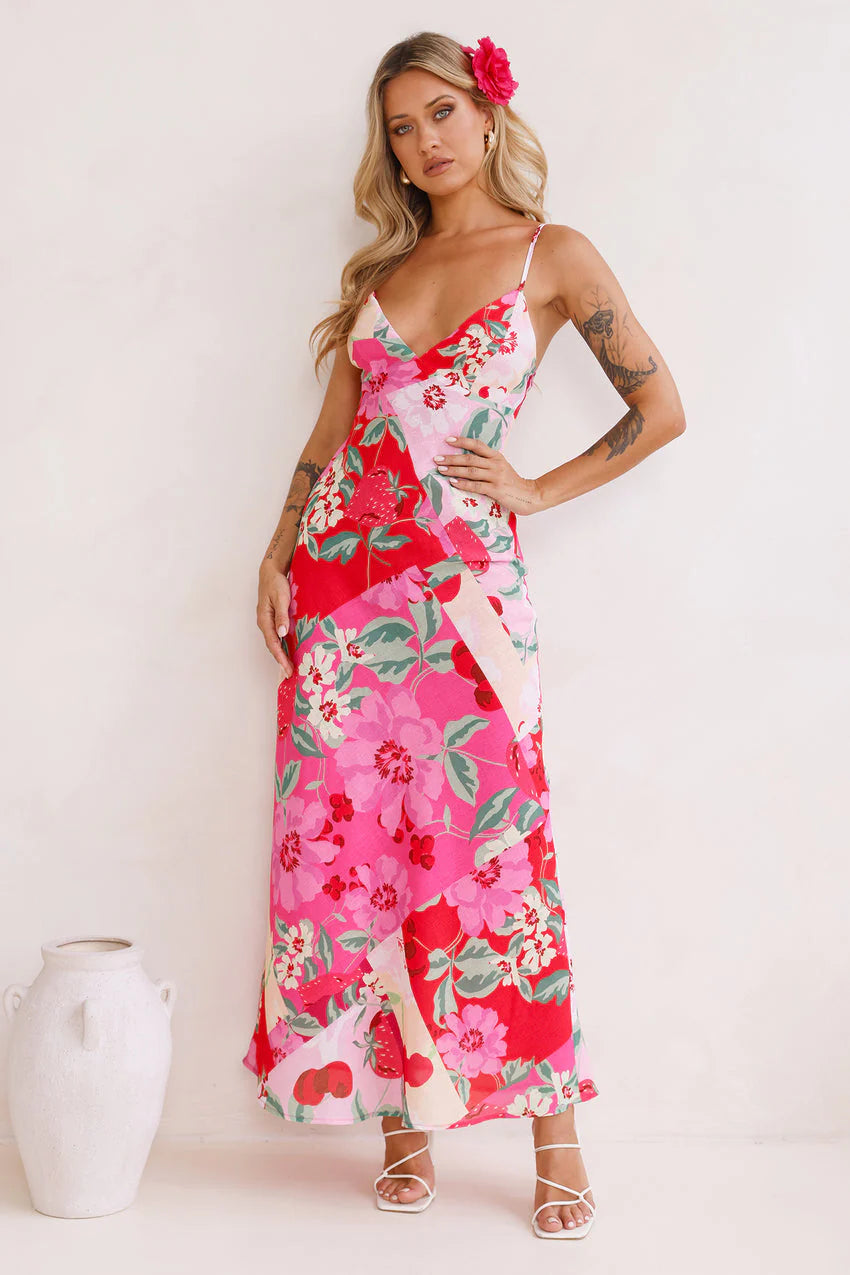 Fruit Picking Linen Blend Maxi Dress Pink