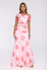 Florals Like You Off Shoulder Mesh Maxi Dress Pink